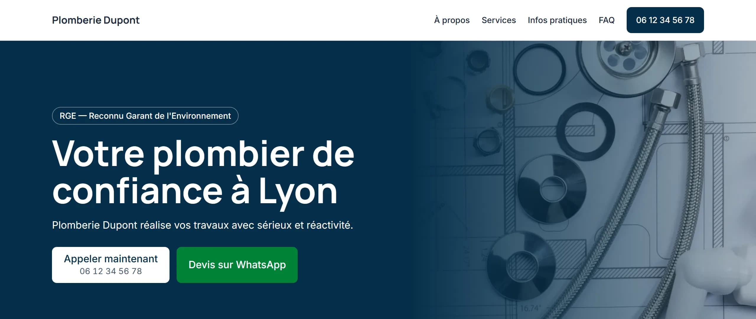 Site d'un plombier créé avec Lasia : « Votre plombier de confiance à Lyon », bouton d'appel portant le numéro et demande de devis.